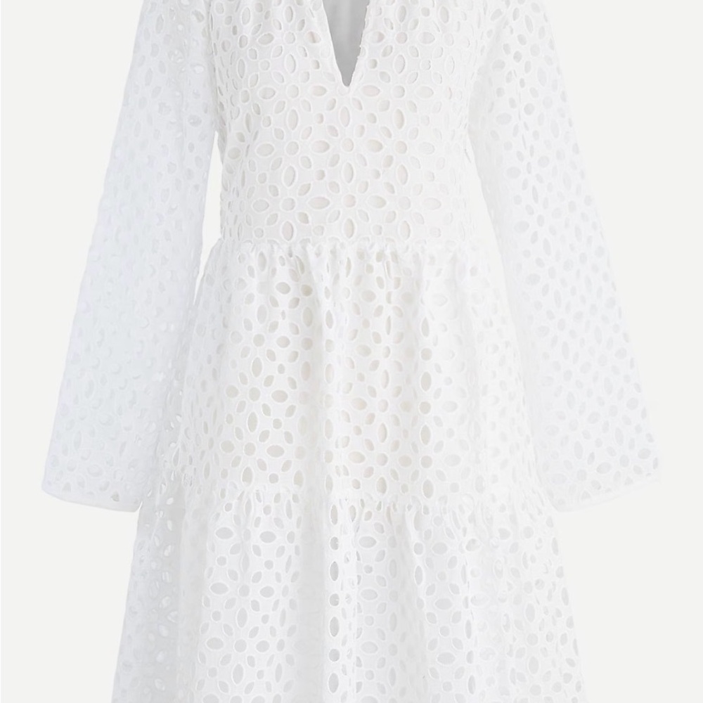 J. Crew White Eyelet V-Neck Tiered Midi Dress with Long Sleeves